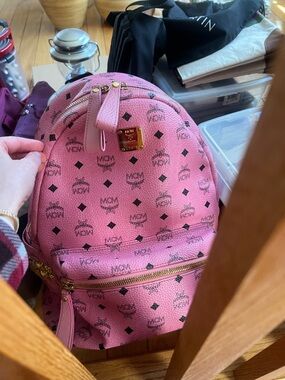 MCM Pink Logo-Print Coated Canvas Backpack with Gold Hardware